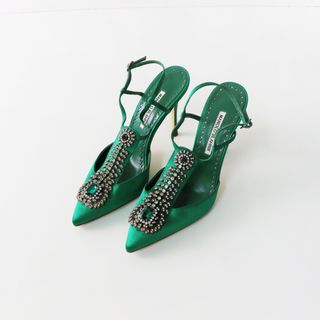 MANOLO BLAHNIK - 希少 ラグジュアリー マノロブラニク MANOLO BLAHIK JAMALA 110mm ビジューパンプス 38.5//グリーン ヒール サンダル【2400013868785】