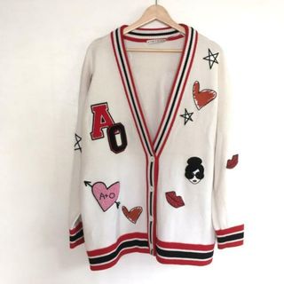 alice+olivia(アリスオリビア) カーディガン サイズM レディース - 白×レッド×黒 長袖/ビーズ ウール、エラスタン