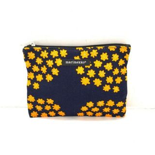 マリメッコ(marimekko)のmarimekko(マリメッコ) ポーチ美品  - ダークネイビー×オレンジ 花柄 キャンバス(ポーチ)