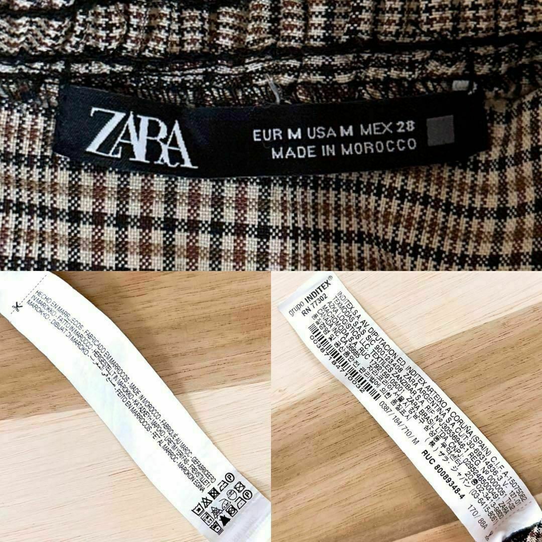 ZARA(ザラ)の【ザラ】ボリューム スリーブ フリル ワンピース チェック柄 総柄 M 茶 レディースのワンピース(ひざ丈ワンピース)の商品写真