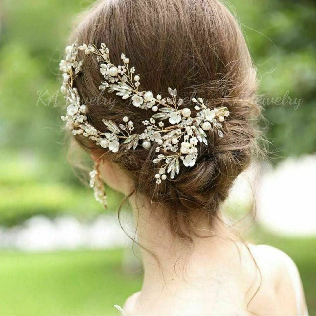 ☆2点セットヘッドドレス&イヤリング(ピアス) 結婚式 ゴールドヘアアクセサリー レディースのフォーマル/ドレス(ウェディングドレス)の商品写真