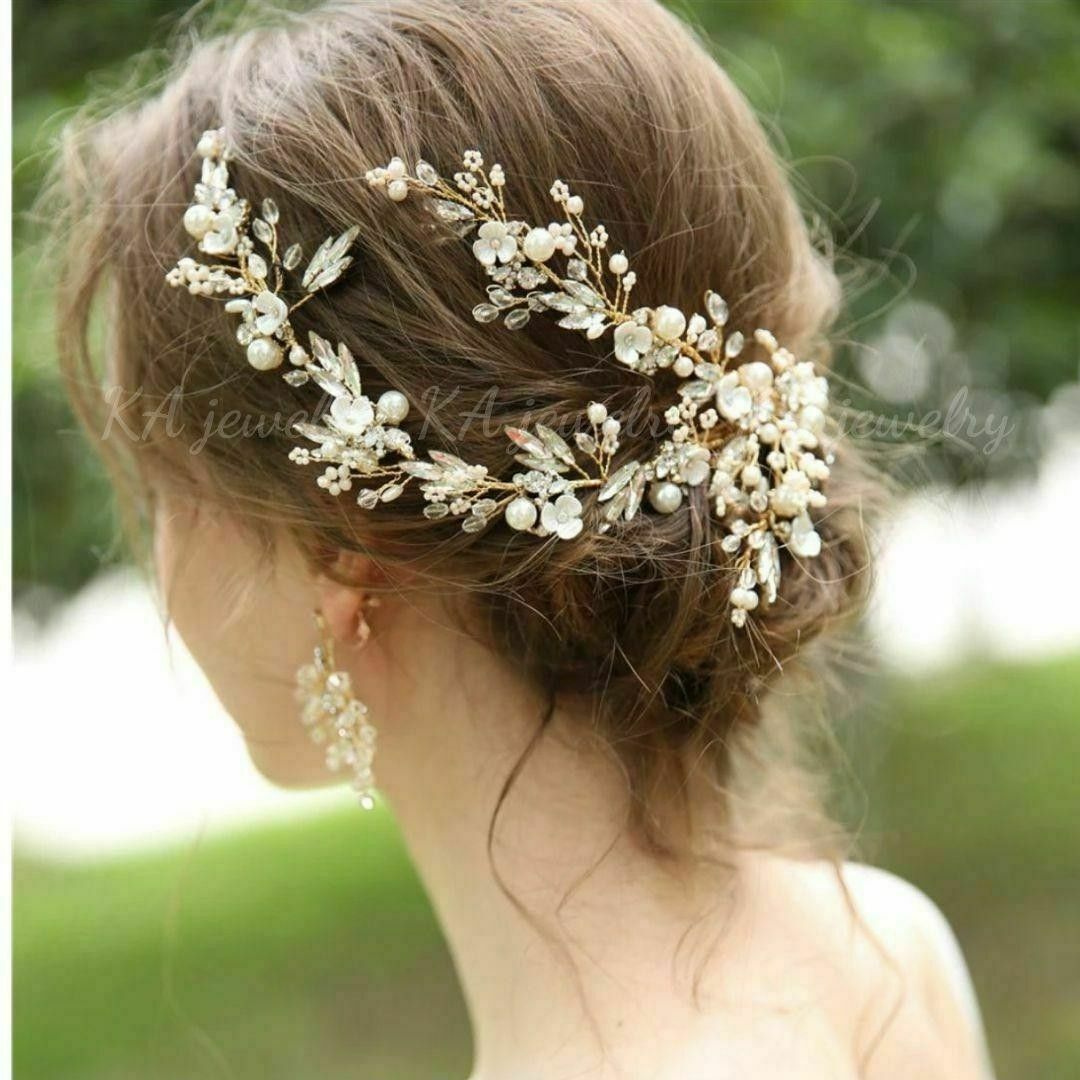 ☆2点セットヘッドドレス&イヤリング(ピアス) 結婚式 ゴールドヘアアクセサリー レディースのフォーマル/ドレス(ウェディングドレス)の商品写真