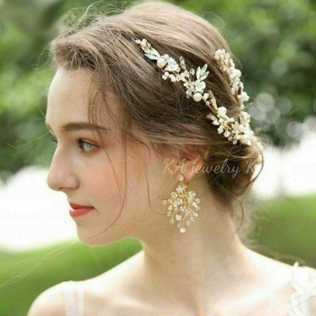 ☆2点セットヘッドドレス&イヤリング(ピアス) 結婚式 ゴールドヘアアクセサリー レディースのフォーマル/ドレス(ウェディングドレス)の商品写真