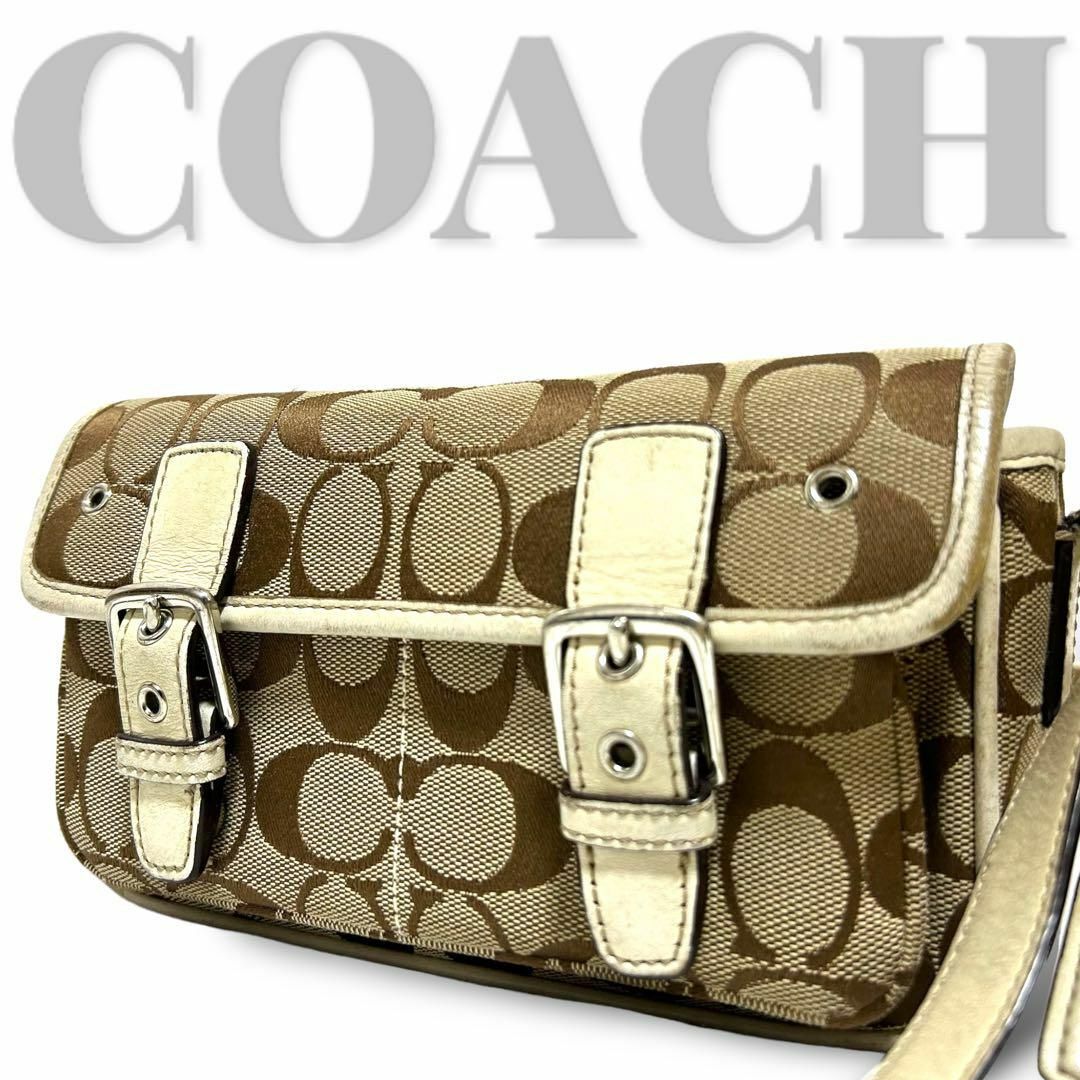 COACH(コーチ)の良品　コーチ　ショルダーバッグ　シグネチャー　キャンバス　斜め掛け レザー　白 レディースのバッグ(ショルダーバッグ)の商品写真