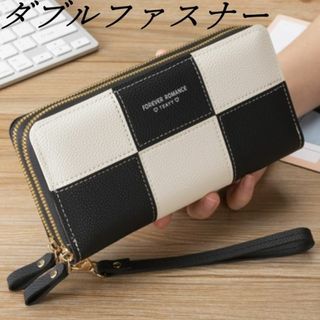 長財布 ダブルファスナー スマホケース　モノクロ（白黒）財布　大容量　新品(財布)