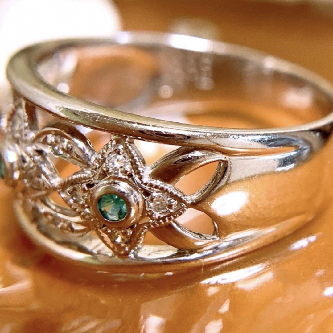 希少❗️上質❣️プラチナパライバトルマリンダイヤリング　透かし柄ダイヤリング レディースのアクセサリー(リング(指輪))の商品写真