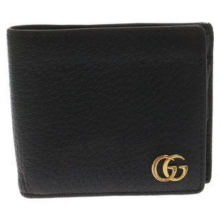 グッチ(Gucci)のGUCCI グッチ GGマーモント ゴールド金具 レザー二つ折り財布 カードケース ブラック(折り財布)