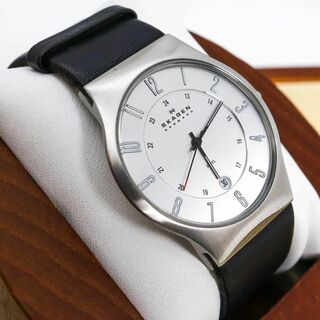 ◆稼働 SKAGEN 腕時計 デイト レザーベルト メンズ 新品電池 c