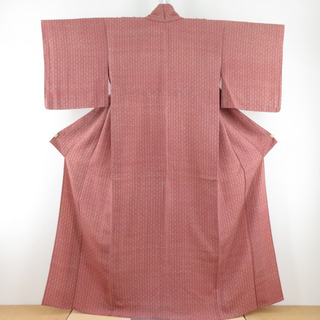 小紋 麻の葉文様 単衣 赤茶色 正絹 広衿 カジュアル 仕立て上がり着物 身丈158cm(着物)