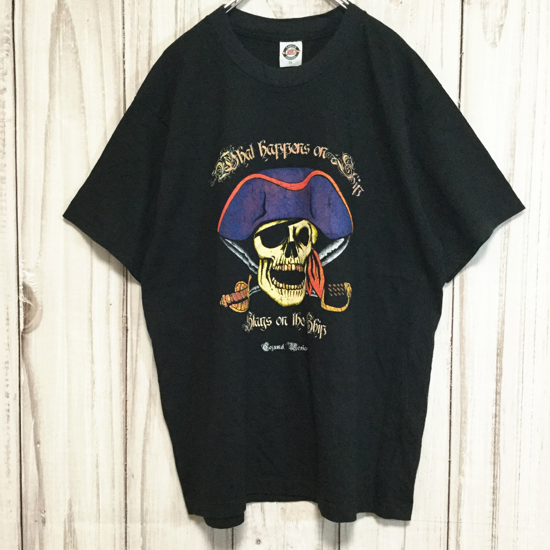 【海賊プリント 半袖Tシャツ】メキシコ お土産T スカル XL 黒 古着 メンズのトップス(Tシャツ/カットソー(半袖/袖なし))の商品写真