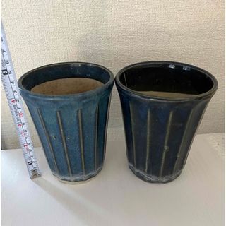 植木鉢　欄鉢　陶器　青　×2(プランター)