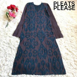 PLEATS PLEASE ISSEY MIYAKE - 【極美品】 プリーツプリーズ 総柄 Vネック ワンピース 3 L グレー