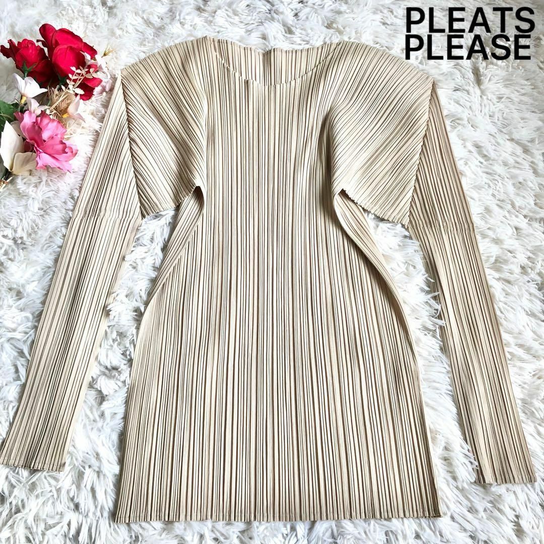 PLEATS PLEASE ISSEY MIYAKE(プリーツプリーズイッセイミヤケ)の【美品】プリーツプリーズ カットソー 長袖 3 L ベージュ 大きいサイズ レディースのトップス(Tシャツ(長袖/七分))の商品写真