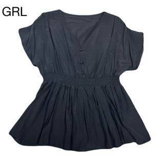 グレイル(GRL)のGRL シャーリング　ブラウス　ペプラム　黒　ブラック(シャツ/ブラウス(半袖/袖なし))