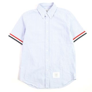 極美品▼THOM BROWNE トムブラウン MWS252A コットンシアサッカー グログランカフ ストレートフィット ショートスリーブ ストライプ柄 半袖シャツ ライトブルー ホワイト 2 イタリア製 正規品 メンズ