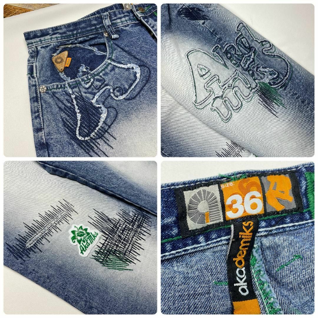 AKADEMIKS(アカデミクス)のアカデミクスバギーデニムw36ストリートb系極太ブルーオーバーサイズ刺繍ワッペン メンズのパンツ(デニム/ジーンズ)の商品写真