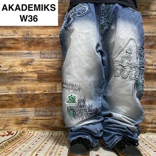 AKADEMIKS - アカデミクスバギーデニムw36ストリートb系極太ブルーオーバーサイズ刺繍ワッペン