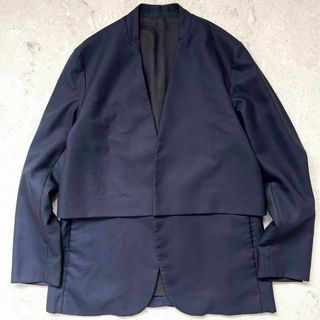 エトセンス(ETHOSENS)の【エトセンス】美品 日本製ウールモヘヤ デザイン ノーカラージャケット ネイビー(ノーカラージャケット)