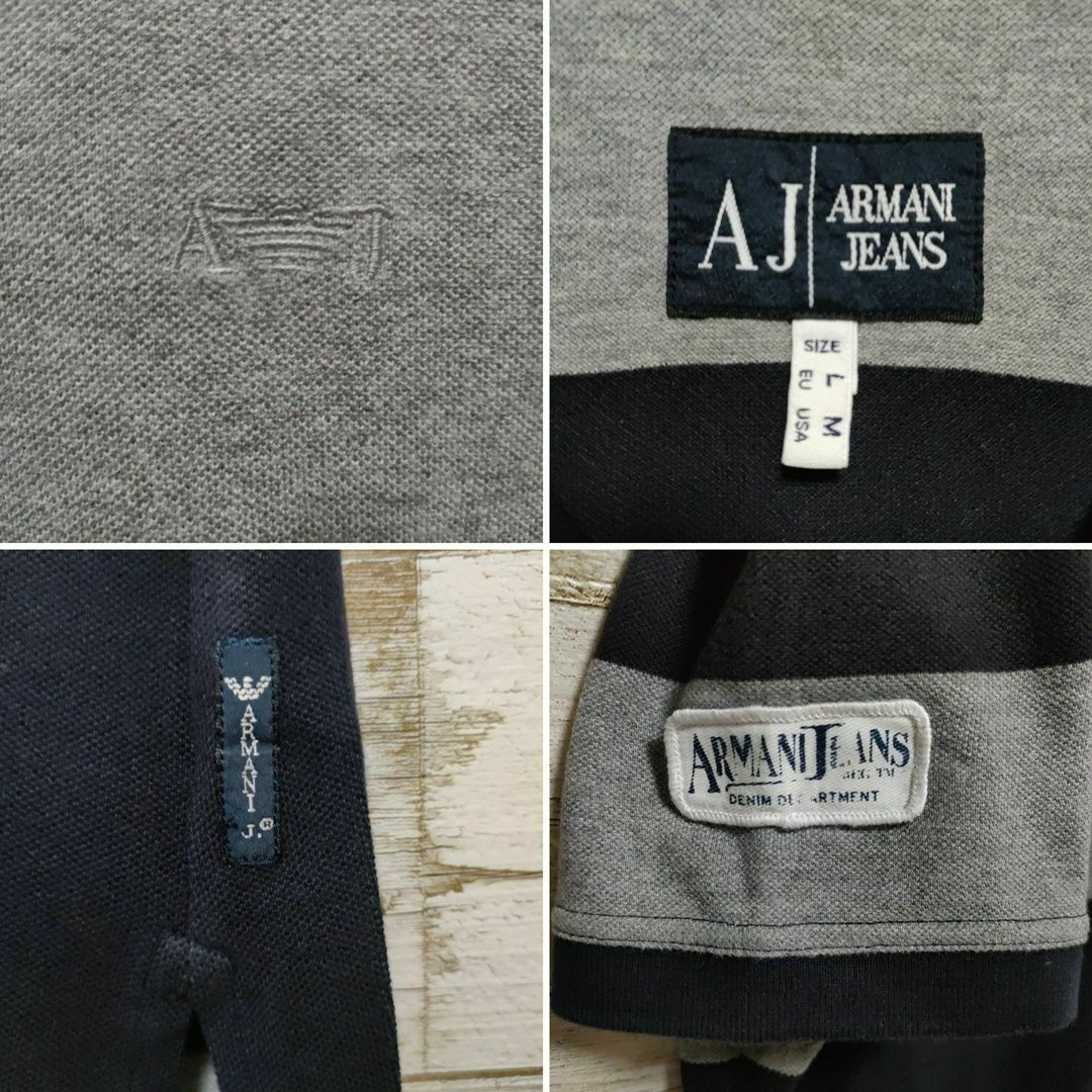 ARMANI JEANS(アルマーニジーンズ)の【572】アルマーニジーンズバックプリント太ボーダー半袖ポロシャツ古着ワッペン メンズのトップス(ポロシャツ)の商品写真