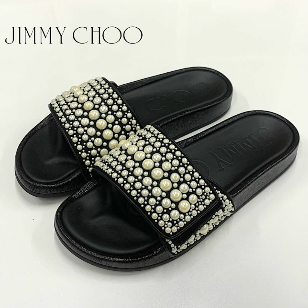 8973 未使用 ジミーチュウ キャンバス パール フラットサンダル 8973 未使用 ジミーチュウ キャンバス パール フラットサンダル