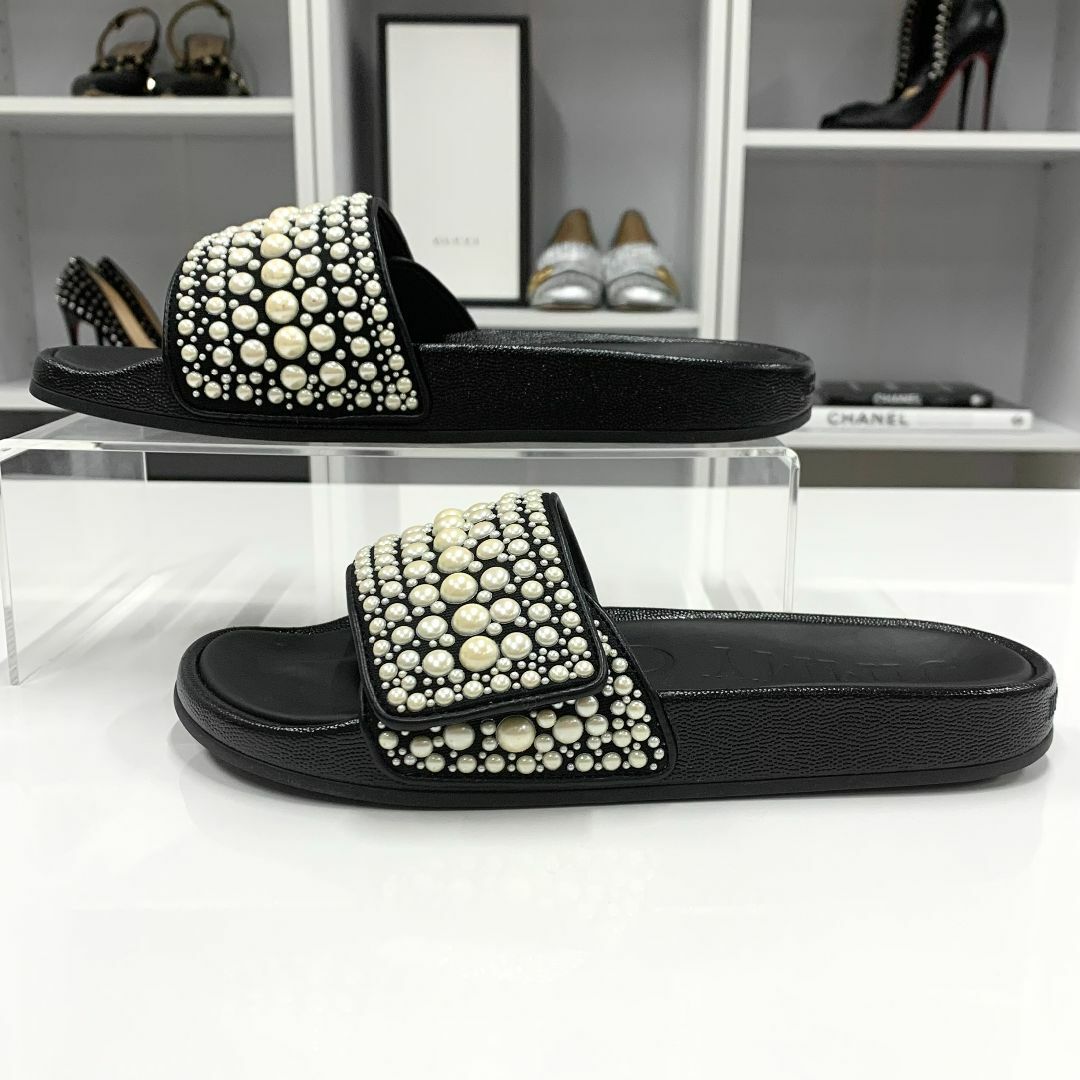 8973 未使用 ジミーチュウ キャンバス パール フラットサンダル 8973 未使用 ジミーチュウ キャンバス パール フラットサンダル