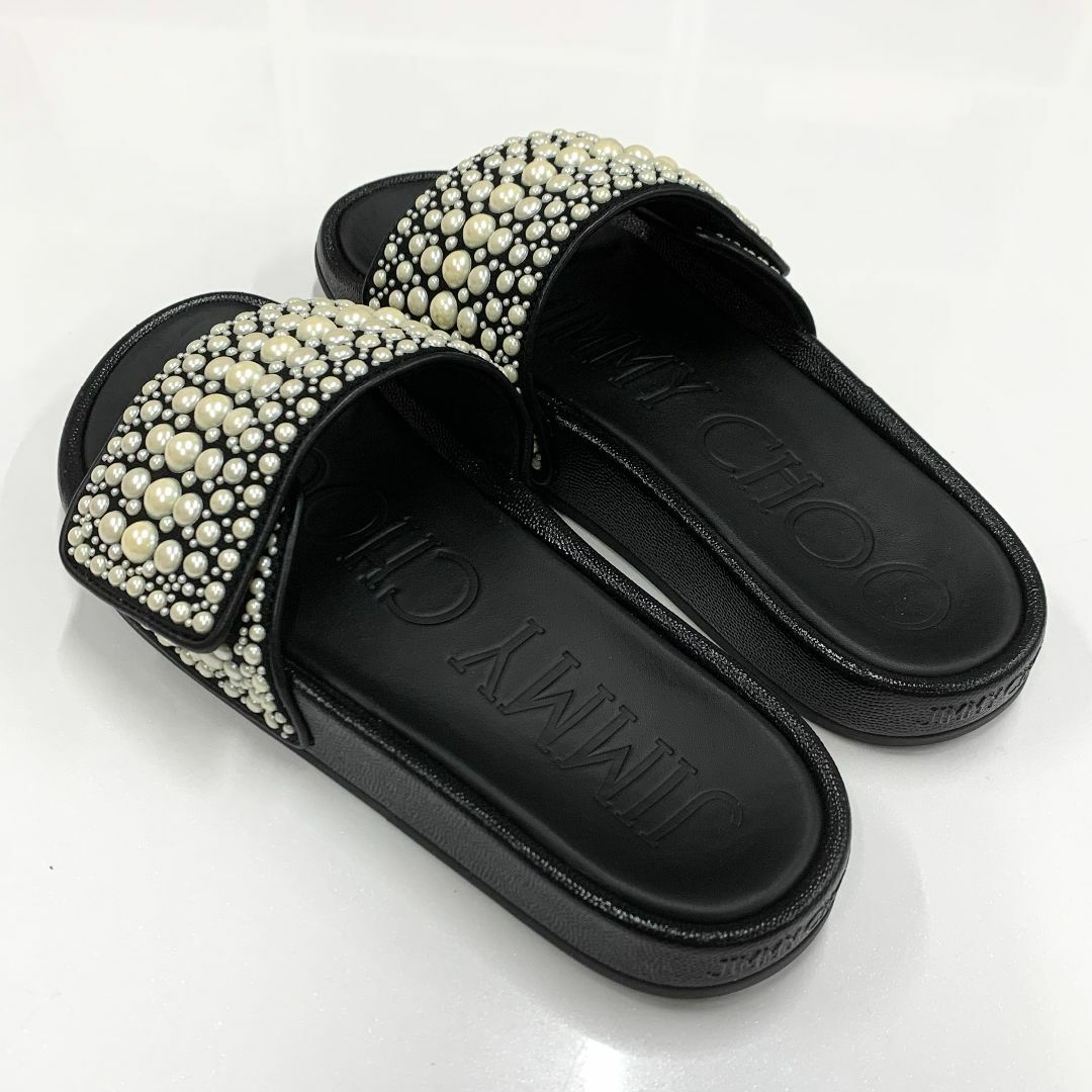 8973 未使用 ジミーチュウ キャンバス パール フラットサンダル 8973 未使用 ジミーチュウ キャンバス パール フラットサンダル