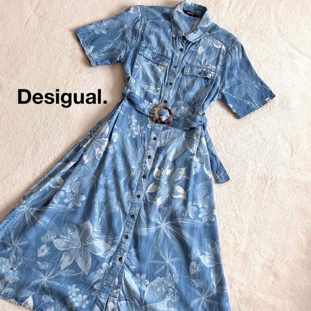 DESIGUAL(デシグアル)のデシグアル　シャツワンピース　ロング　デニム　フラワー　べっ甲ベルト　レース レディースのワンピース(ロングワンピース/マキシワンピース)の商品写真