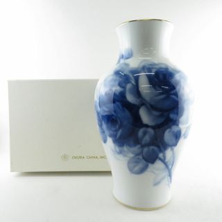 美品 OKURA 大倉陶園 ブルーローズ 花瓶 フラワーベース H35 金彩 青 薔薇 バラ SU6348Z (花瓶)