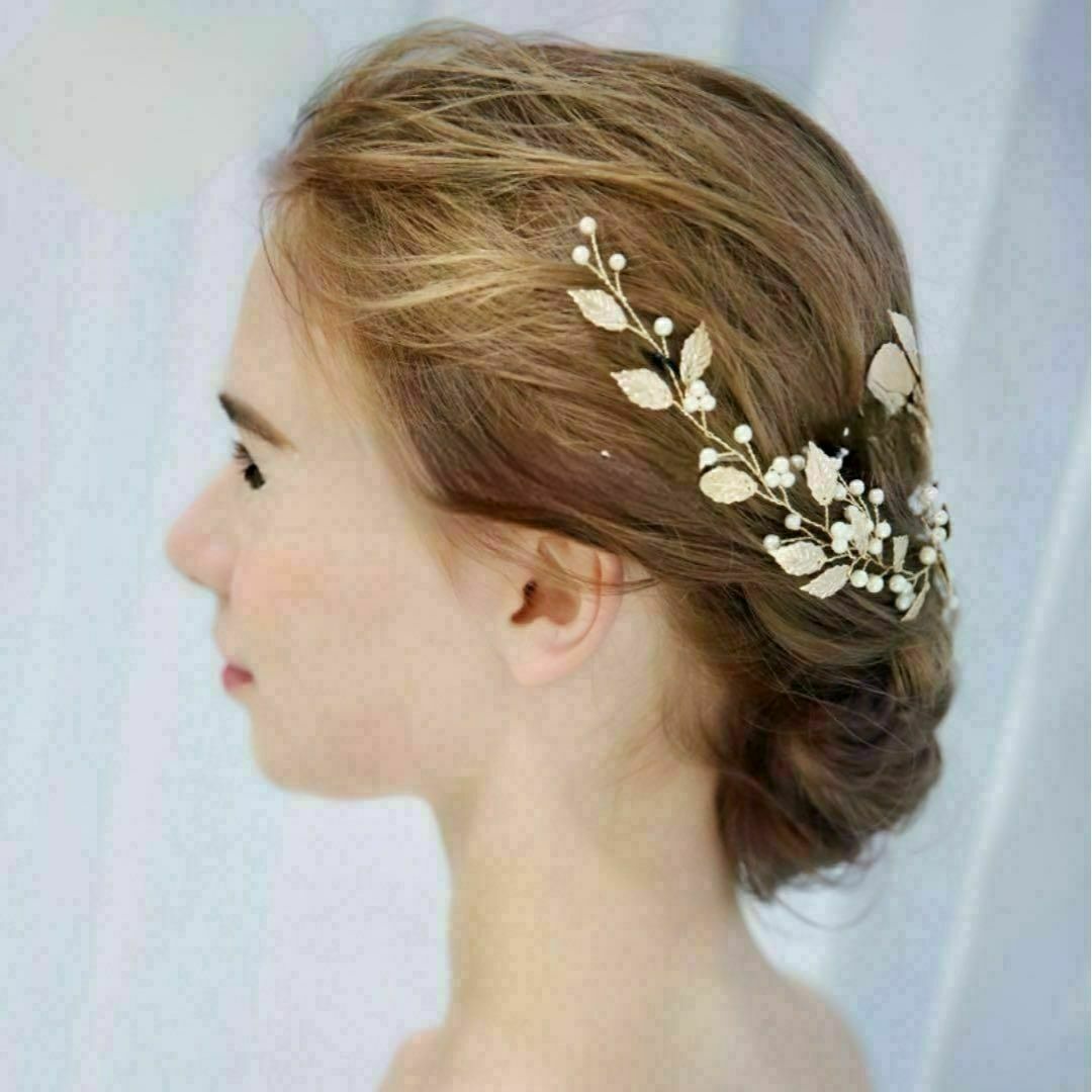 結婚式 ヘッドドレス フラワーパール 髪飾り ゴールド ブライダルアクセサリー レディースのヘアアクセサリー(その他)の商品写真