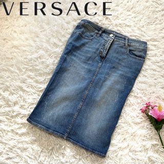 ヴェルサーチ(VERSACE)の【VERSACE】ヴェルサーチ デニムスカート タイト ダメージ加工 レディース(ひざ丈スカート)