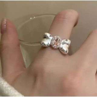 【残りわずか】リボン ピンクストーン リング 指輪 シルバー 可愛い プレゼント(リング(指輪))