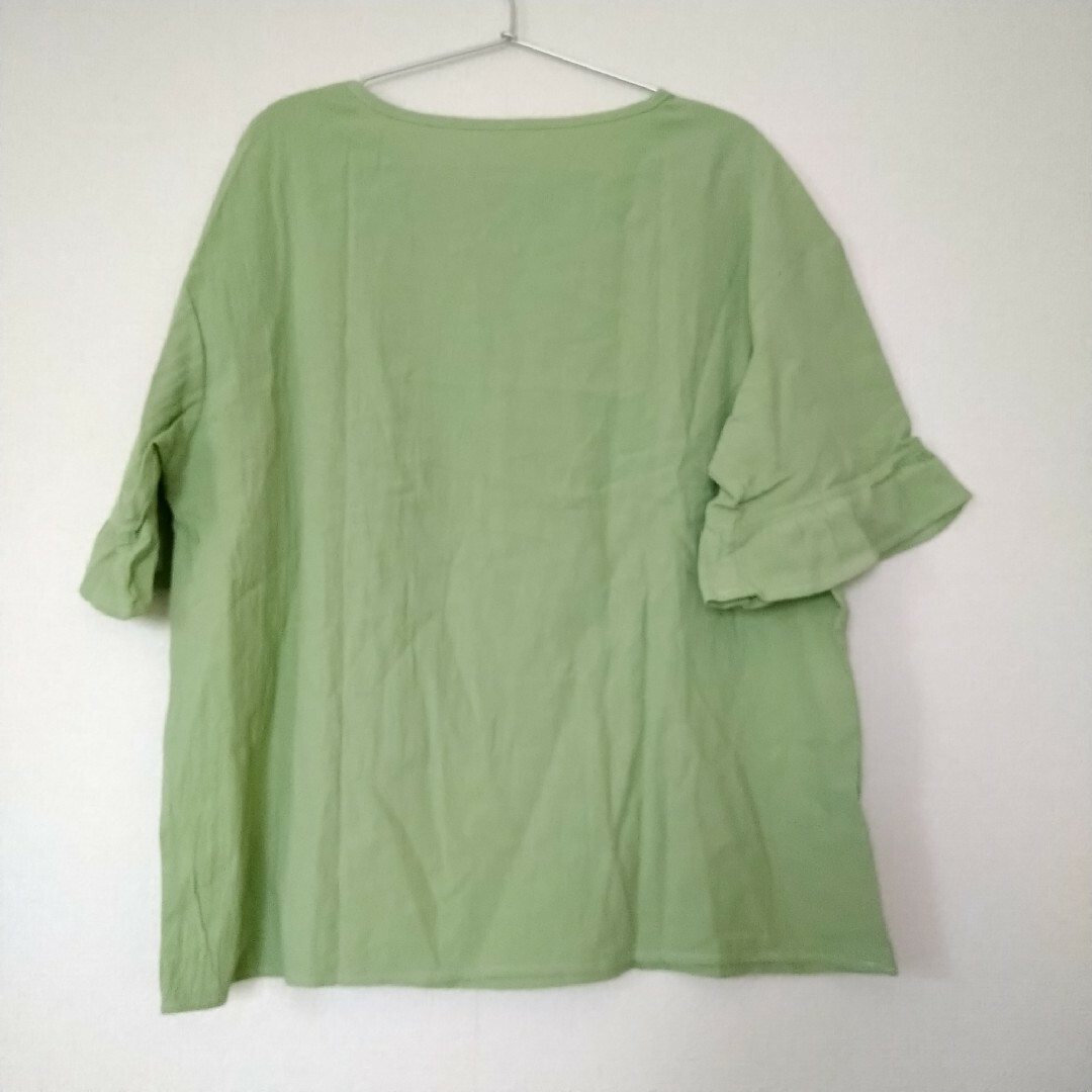 コットン プルオーバー XL シンプル 無地 トップス グリーン系 半袖 レディースのトップス(シャツ/ブラウス(長袖/七分))の商品写真
