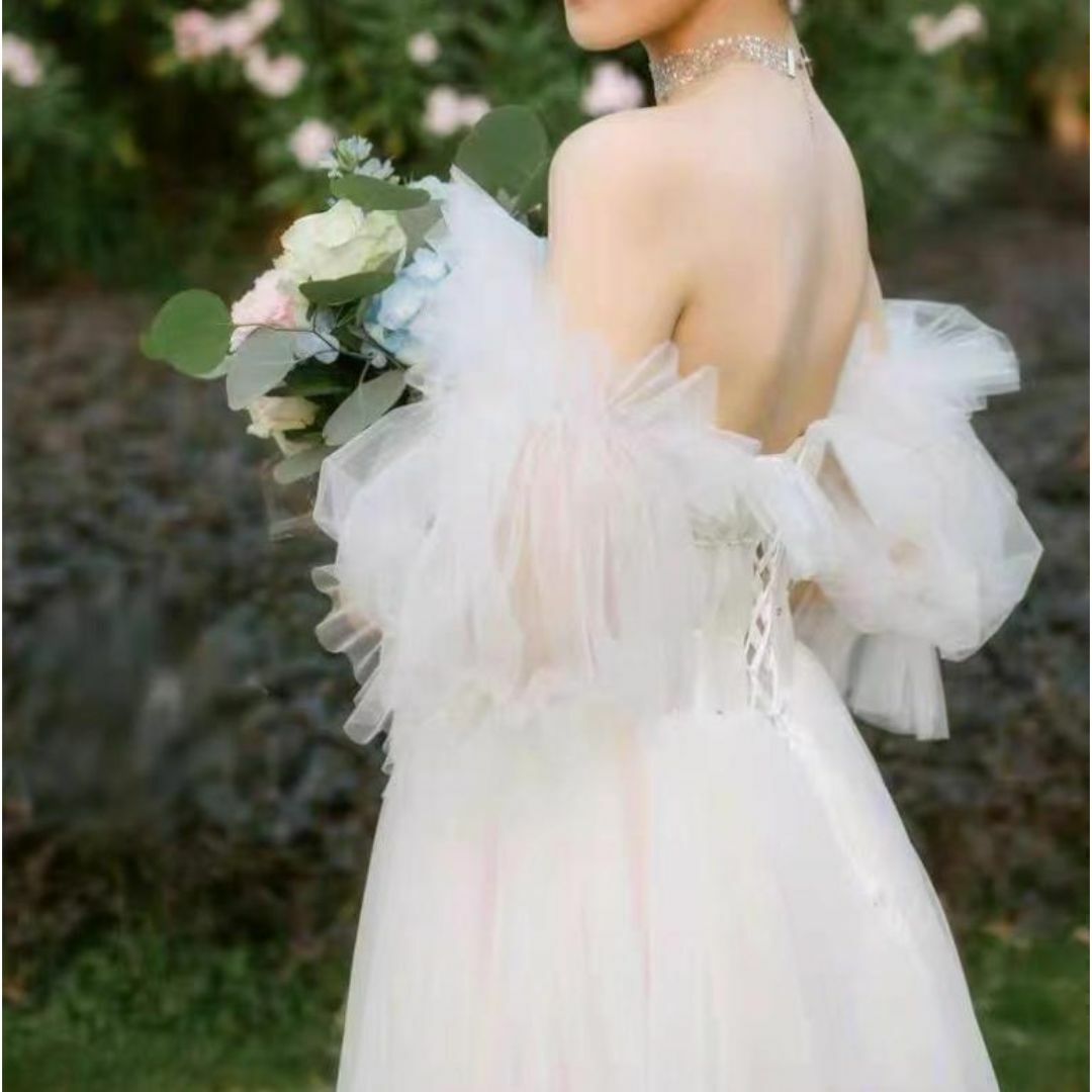 ウォーム　パフスリーブ　結婚式　花嫁　つけ袖　チュール レディースのフォーマル/ドレス(ウェディングドレス)の商品写真