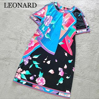 レオナール(LEONARD)の美品✨LEONARD レオナール　ワンピース　スカーフ&フラワー総柄　綿100%(ひざ丈ワンピース)