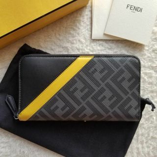 FENDI - FENDI フェンディ FFロゴ ファブリック ジップ 長財布 グレー/イエロー