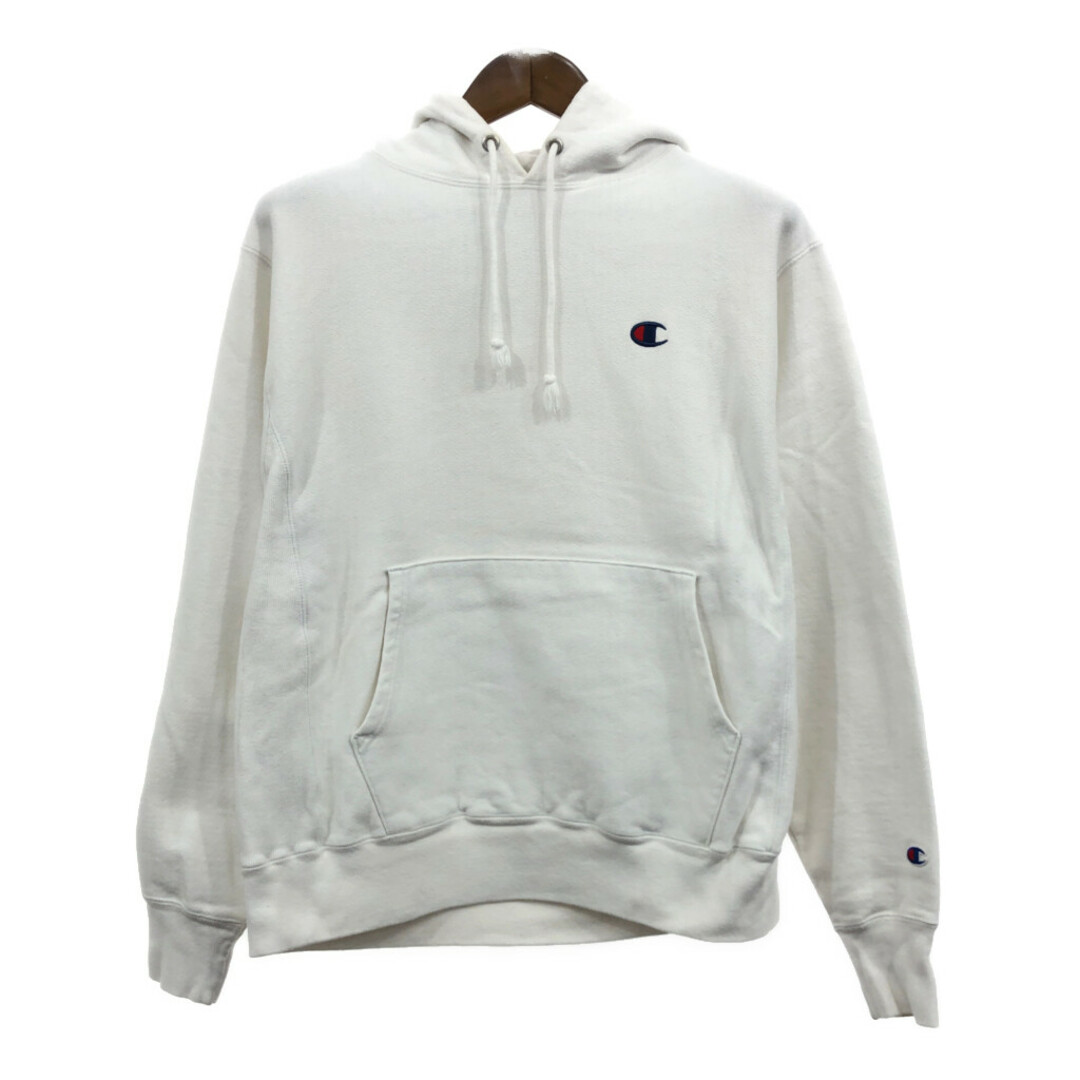 Champion(チャンピオン)のChampion チャンピオン REVERSE WEAVE リバースウィーブ スウェット パーカー ワンポイント ホワイト (メンズ MEDIUM) 中古 古着 Q7018 メンズのトップス(パーカー)の商品写真