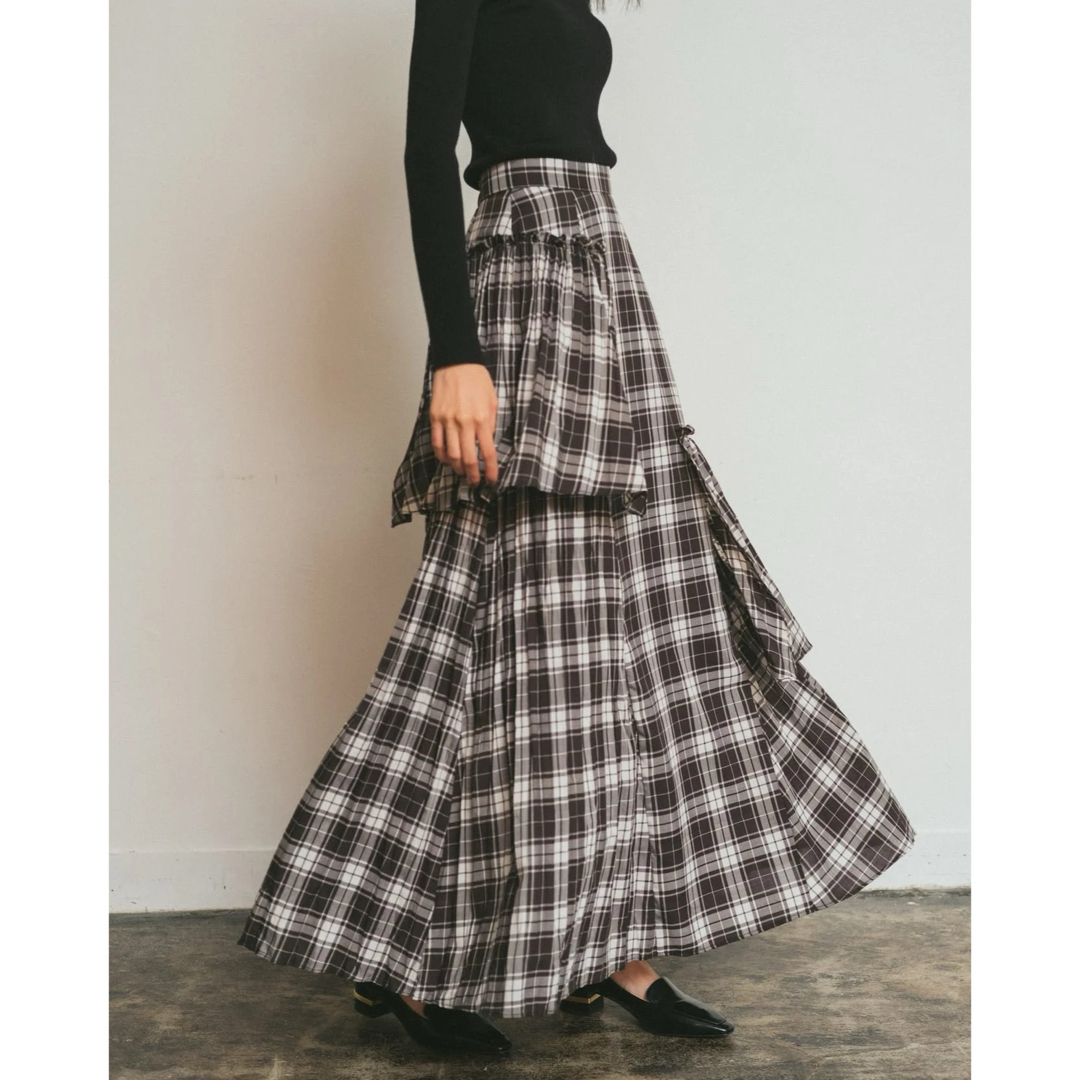 Hdxuly チェックランダムプリーツスカート 柄ブラック 切替 ハディクリー レディースのスカート(ロングスカート)の商品写真