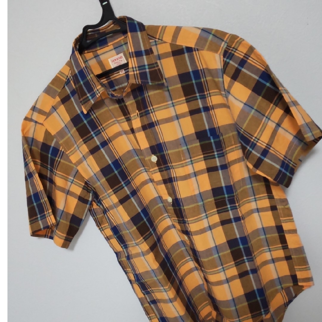 半袖ボタンチェックシャツ　オレンジ＊ネイビー＊ブラウン メンズのトップス(シャツ)の商品写真