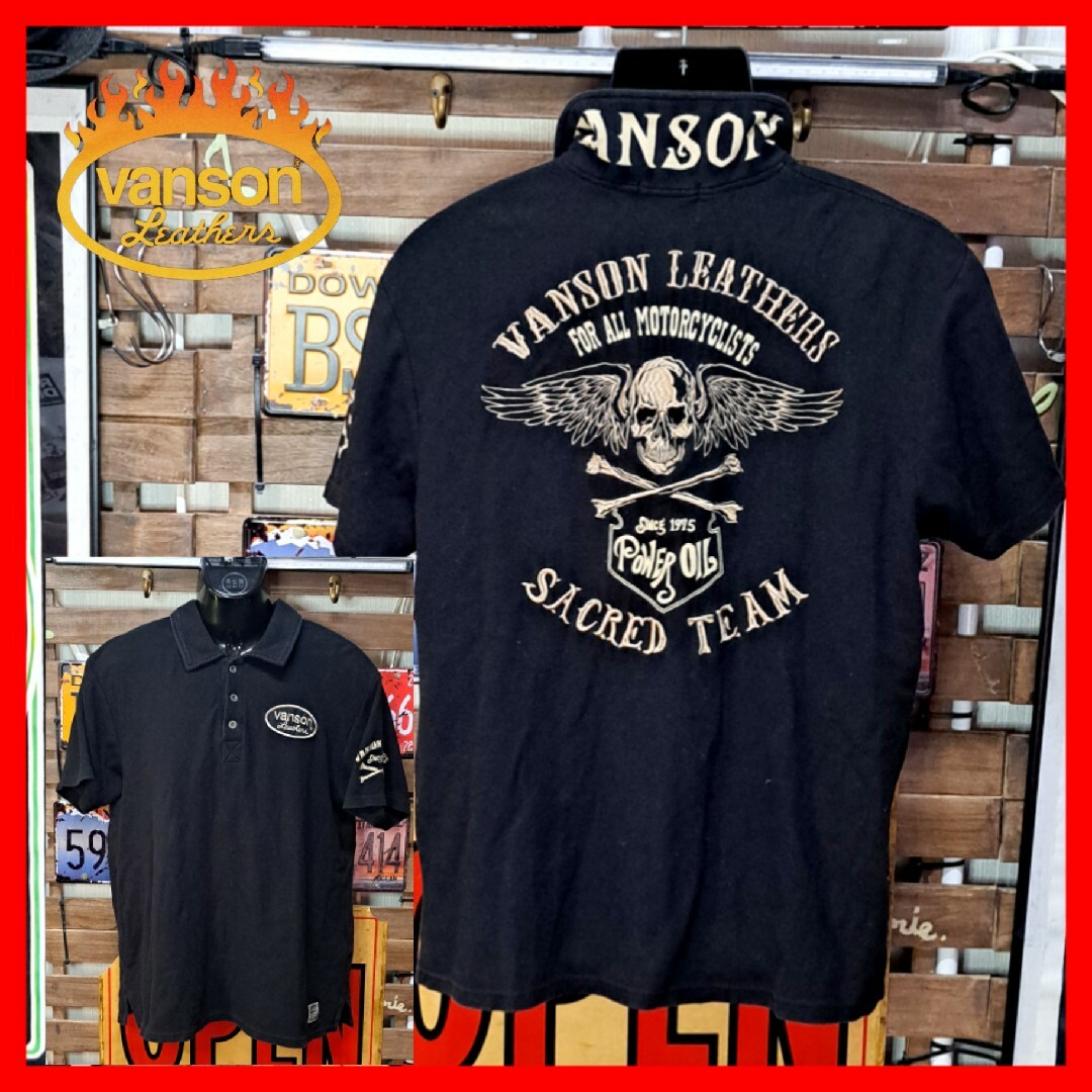 VANSON(バンソン)のVANSON バンソン　刺繍ワッペン　半袖　ポロシャツ　L　ブラック メンズのトップス(ポロシャツ)の商品写真