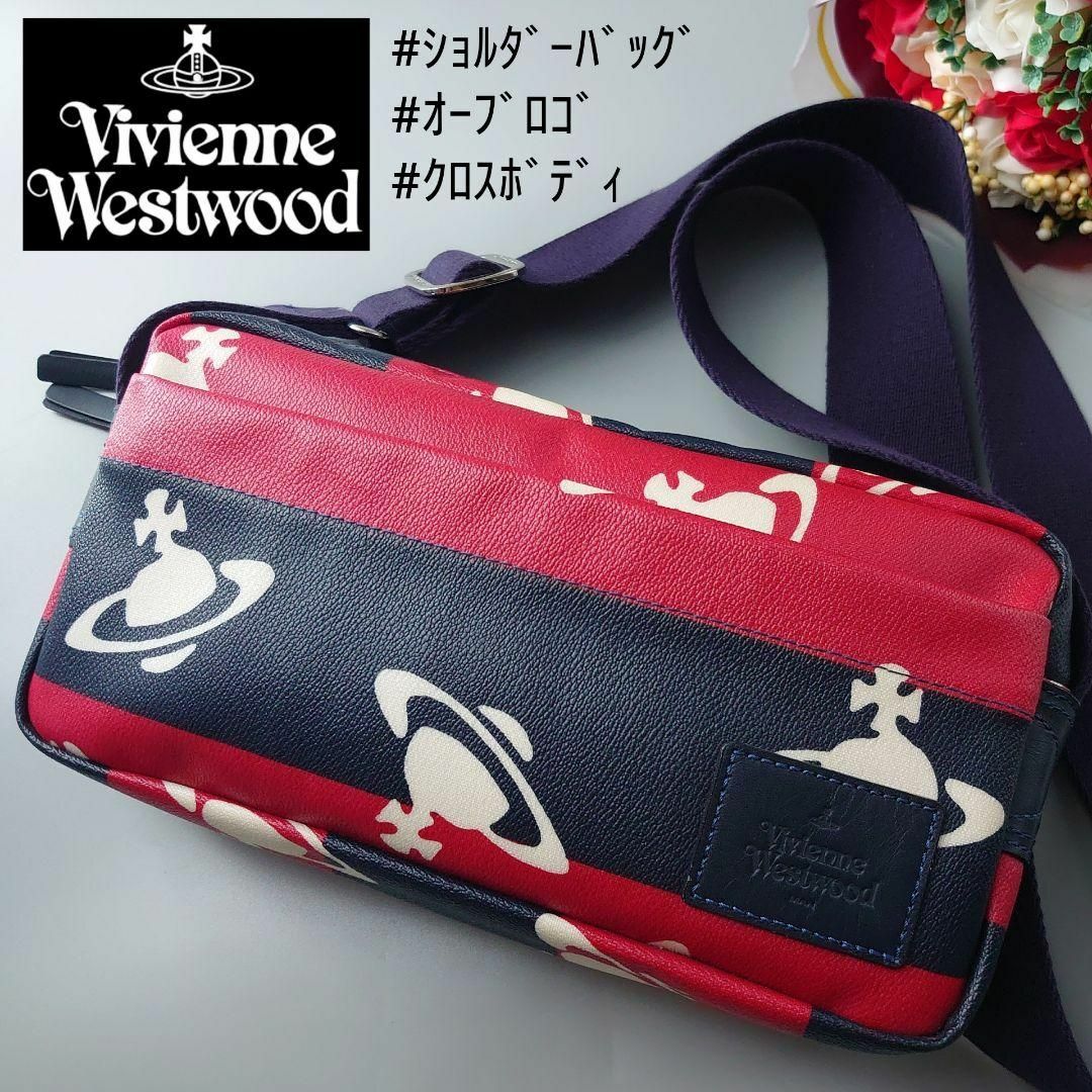 Vivienne Westwood(ヴィヴィアンウエストウッド)のヴィヴィアン ウェストウッド オーブプリント ショルダーバッグ 赤×紺 スクエア レディースのバッグ(ショルダーバッグ)の商品写真