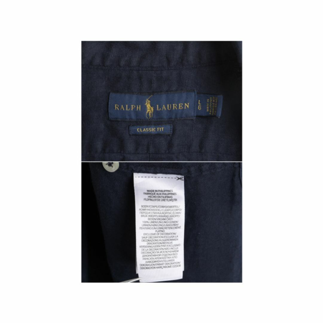 Ralph Lauren(ラルフローレン)のラルフローレン 100% リネン 半袖 ボタンダウン シャツ メンズ L 古着 ポロ 高級 半袖シャツ ワンポイント ポニー刺繍 薄手 BD 麻 ネイビー メンズのトップス(シャツ)の商品写真