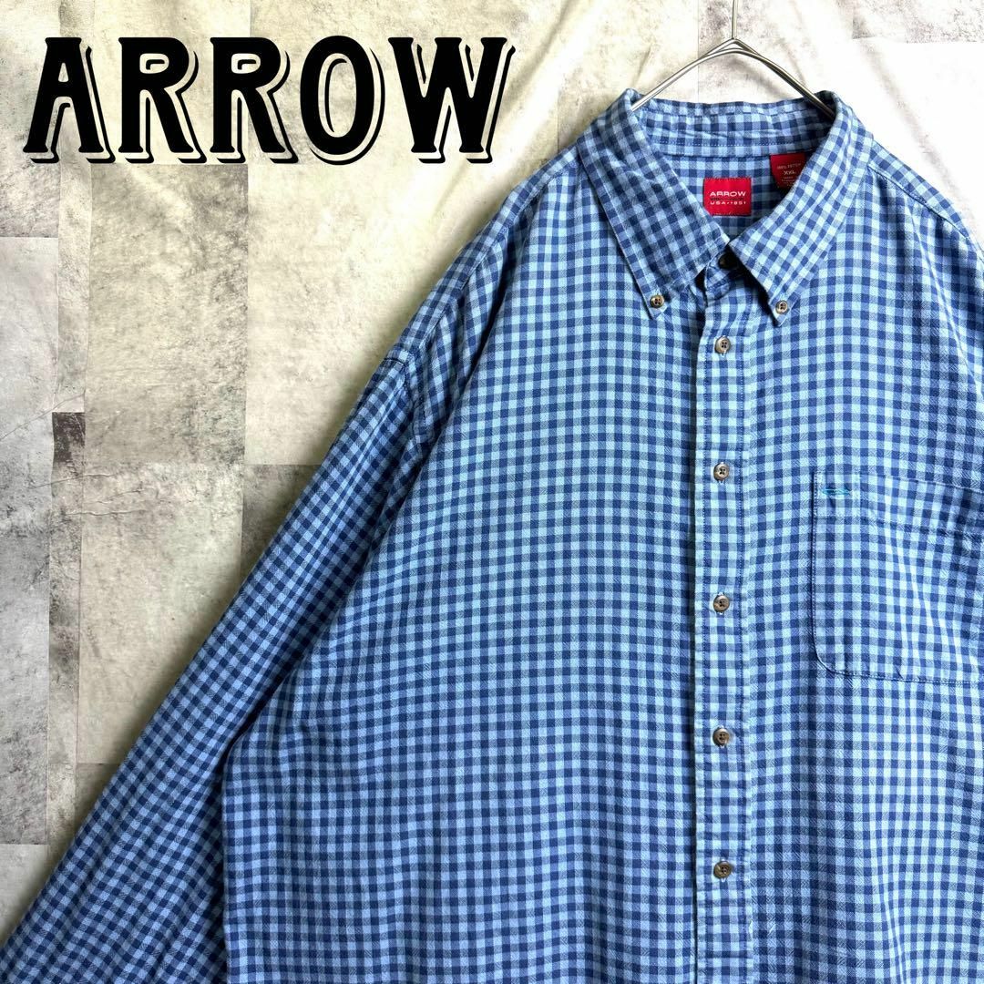 ARROW(アロー)の美品 アロー ボタンダウンシャツ 長袖 ギンガムチェック ブルー 2XL メンズのトップス(シャツ)の商品写真