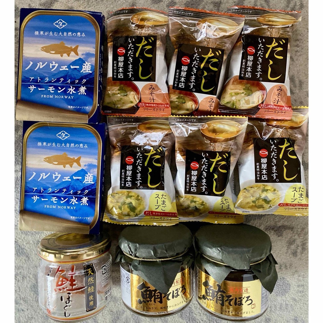 缶詰　サーモン水煮　鮪そぼろ　鮭ほぐし　フリーズドライ　みそ汁　たまごスープ 食品/飲料/酒の加工食品(インスタント食品)の商品写真