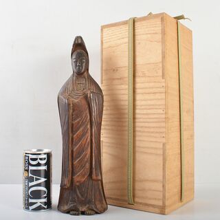 仏教美術　木彫　観音菩薩立像　仏像　在銘　高さ約31cm　時代箱付　MR7171(彫刻/オブジェ)
