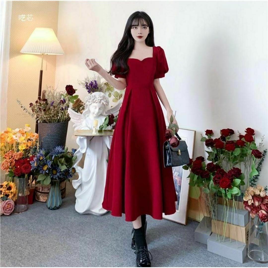 パーティードレス 赤 レディース リボン ワンピース ドレス ゲスト 大人 韓国 レディースのフォーマル/ドレス(ミディアムドレス)の商品写真