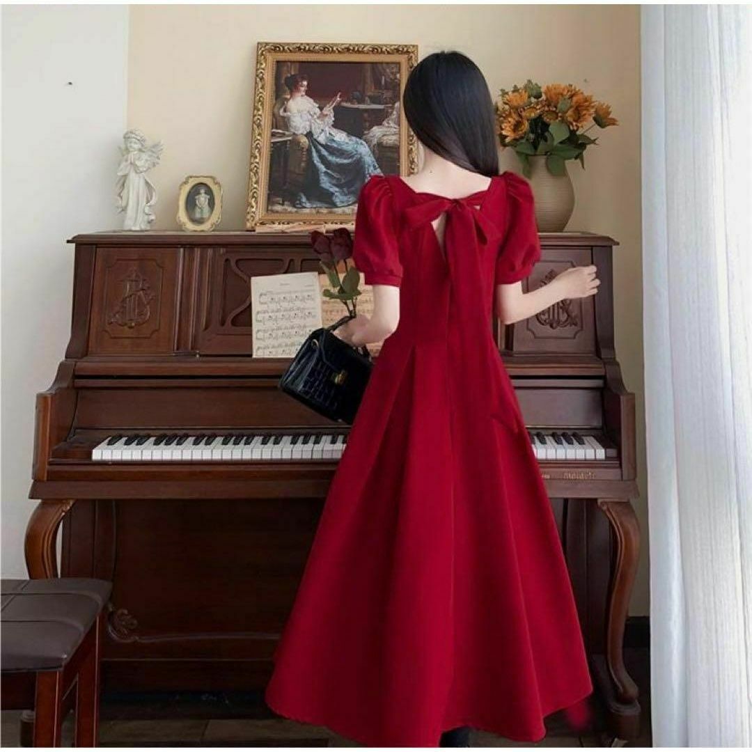 パーティードレス 赤 レディース リボン ワンピース ドレス ゲスト 大人 韓国 レディースのフォーマル/ドレス(ミディアムドレス)の商品写真