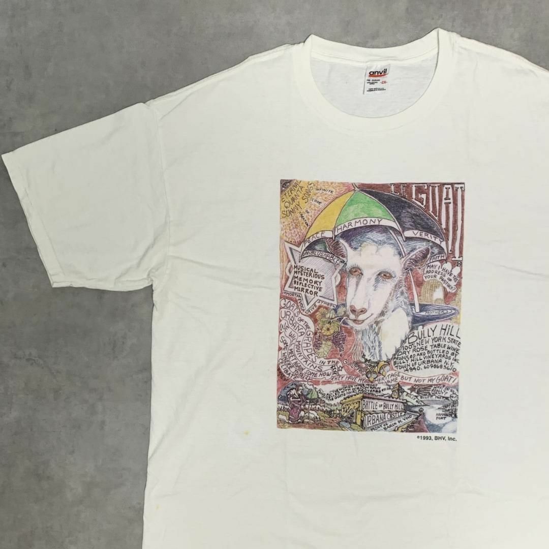 Anvil(アンビル)の【GOAT】山羊 絵画風アートTシャツ 2XLサイズ ホワイト カオス メンズのトップス(Tシャツ/カットソー(半袖/袖なし))の商品写真