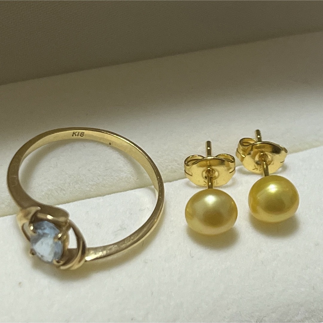 K18アクアマリンリングと14Kパールピアス レディースのアクセサリー(リング(指輪))の商品写真