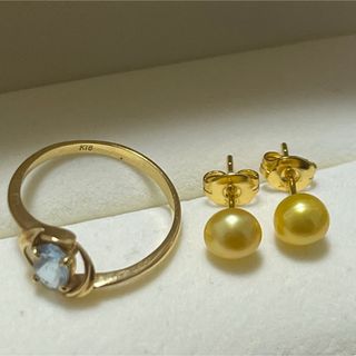 K18アクアマリンリングと14Kパールピアス(リング(指輪))