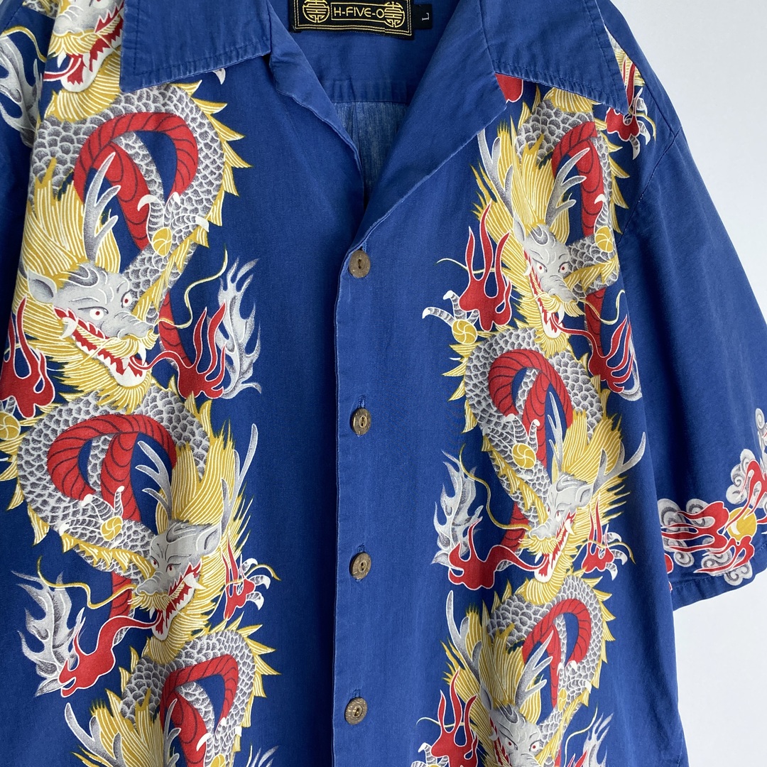 ヴィンテージ　半袖シャツ　アロハシャツ　USA製　ドラゴン　龍　XL　青　赤 メンズのトップス(シャツ)の商品写真
